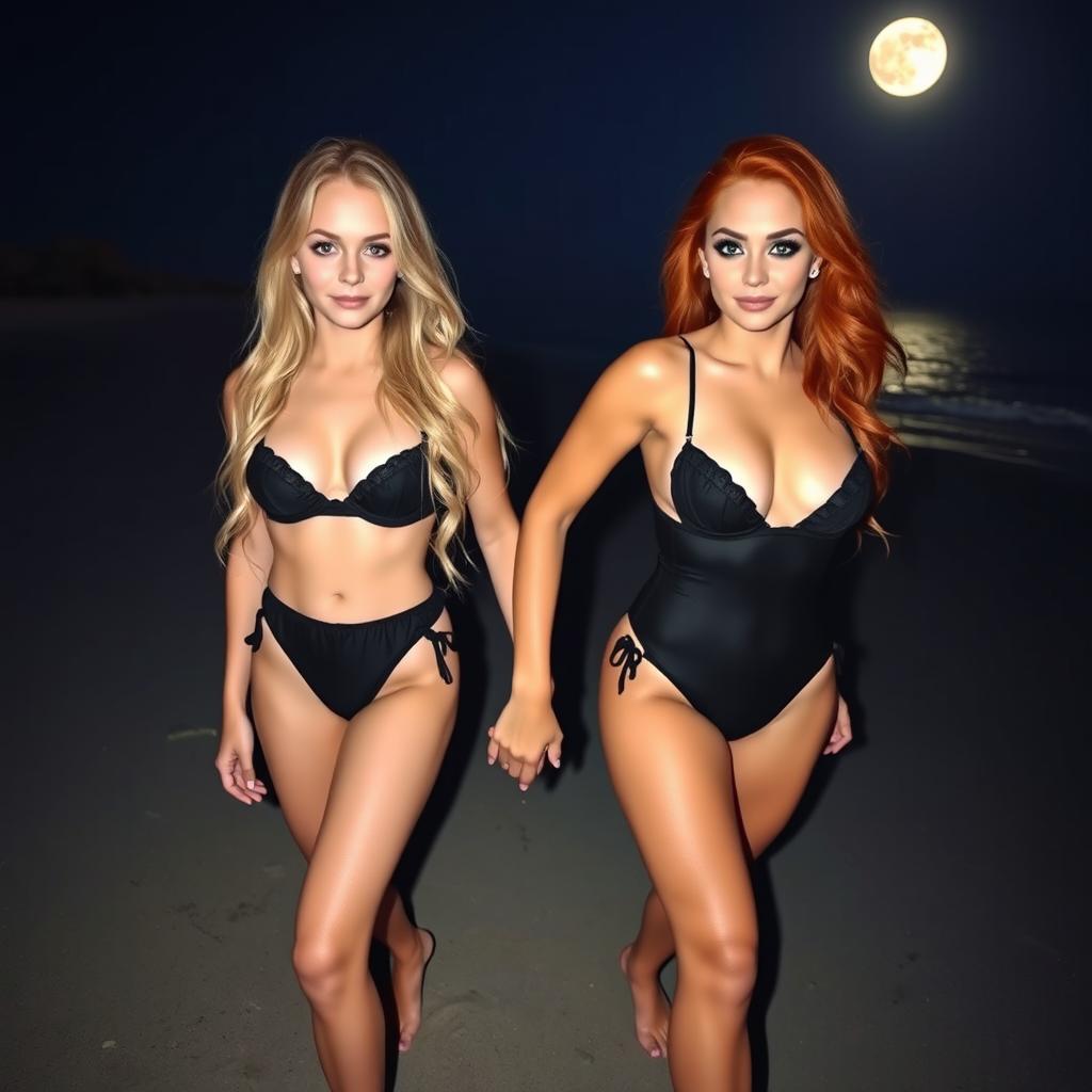 A beautiful, innocent hourglass-shaped girl with long blond hair and captivating blue eyes, enhanced with dark pink and blue eye makeup, bold black eyeliner, mascara, and long lashes, is walking hand in hand with her sweet, innocent curvy redhead girlfriend