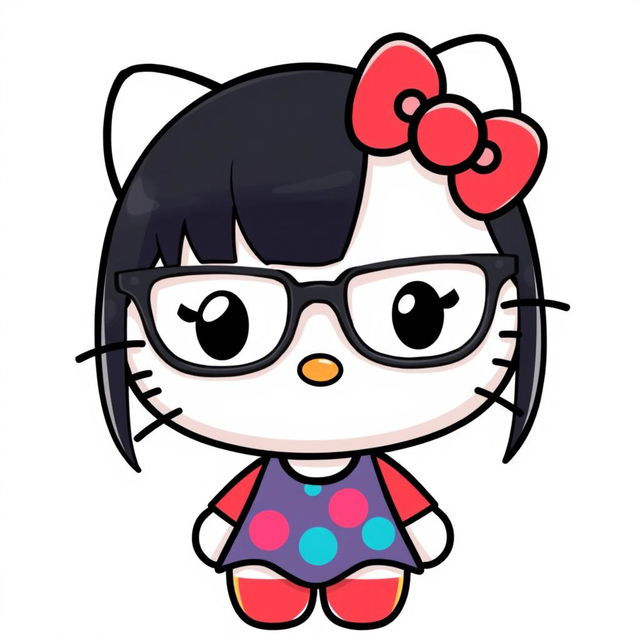 Hello Kitty in a cartoon style, wearing modern, large glasses with an elegant frame