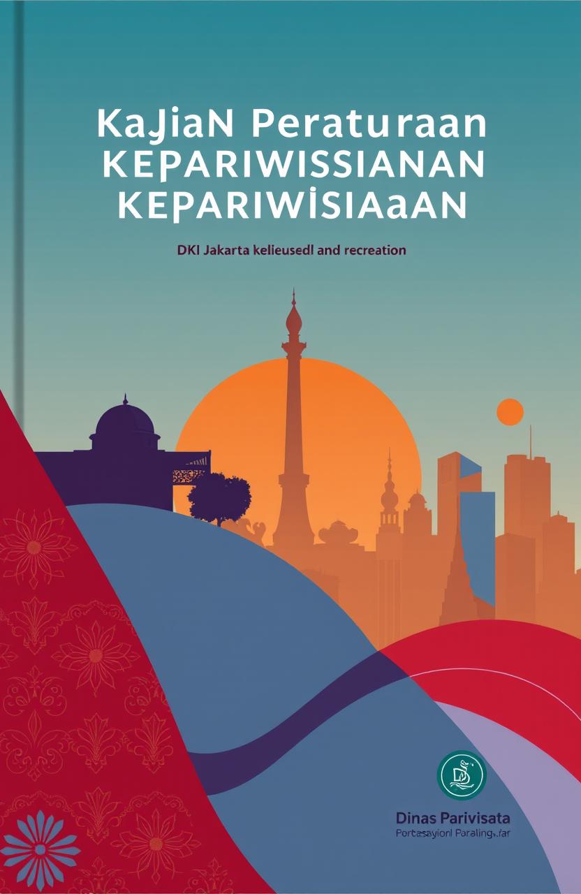 A professional and elegant book cover design for a tourism research report titled 'Kajian Peraturan Kepariwisataan'