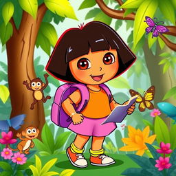 A vibrant and adventurous image of a young Latina girl, inspired by the character Dora from children's television