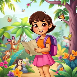 A vibrant and adventurous image of a young Latina girl, inspired by the character Dora from children's television