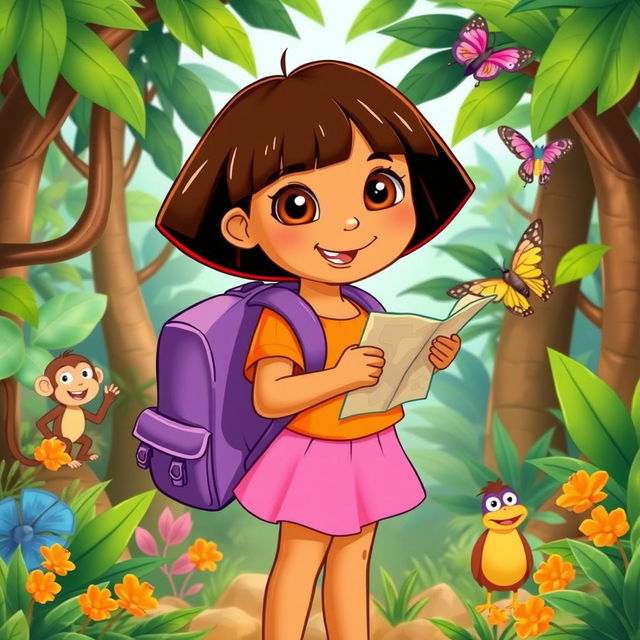 A vibrant and adventurous image of a young Latina girl, inspired by the character Dora from children's television