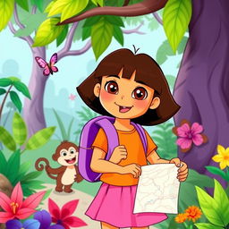 A vibrant and adventurous image of a young Latina girl, inspired by the character Dora from children's television