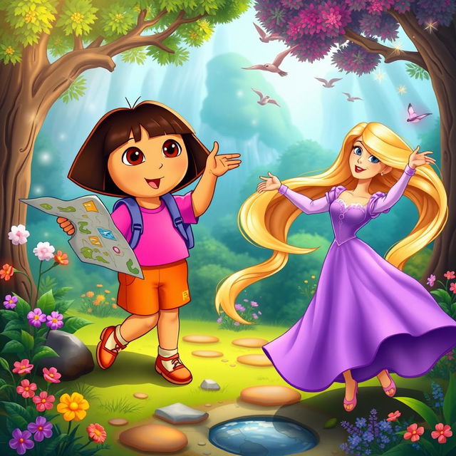 A whimsical crossover scene featuring Dora the Explorer and Rapunzel in a vibrant forest setting