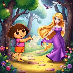 A whimsical crossover scene featuring Dora the Explorer and Rapunzel in a vibrant forest setting