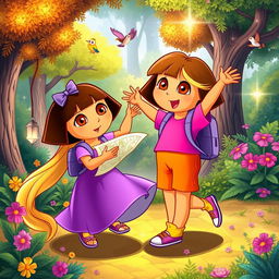 A whimsical crossover scene featuring Dora the Explorer and Rapunzel in a vibrant forest setting