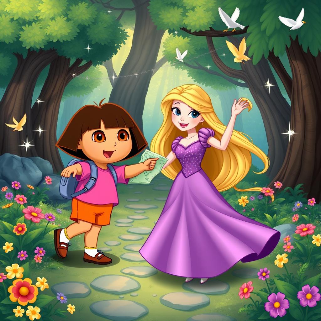 A whimsical crossover scene featuring Dora the Explorer and Rapunzel in a vibrant forest setting