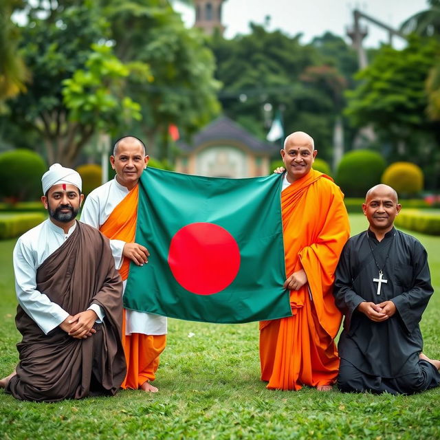 A dynamic and colorful photo of the Bangladeshi national flag prominently displayed in the center