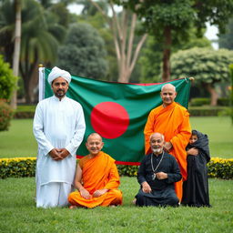 A dynamic and colorful photo of the Bangladeshi national flag prominently displayed in the center