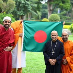 A dynamic and colorful photo of the Bangladeshi national flag prominently displayed in the center