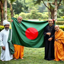 A dynamic and colorful photo of the Bangladeshi national flag prominently displayed in the center