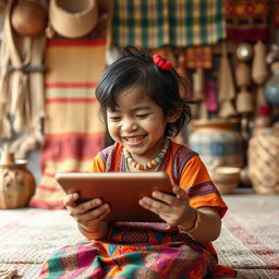 A complete 4k highly detailed shot of an indigenous child joyfully playing with a digital tablet