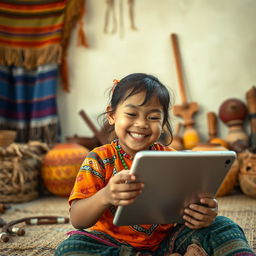 A complete 4k highly detailed shot of an indigenous child joyfully playing with a digital tablet
