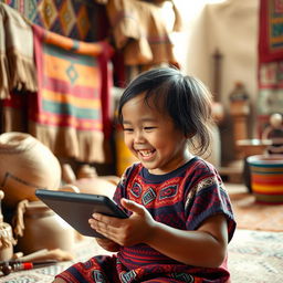 A complete 4k highly detailed shot of an indigenous child joyfully playing with a digital tablet