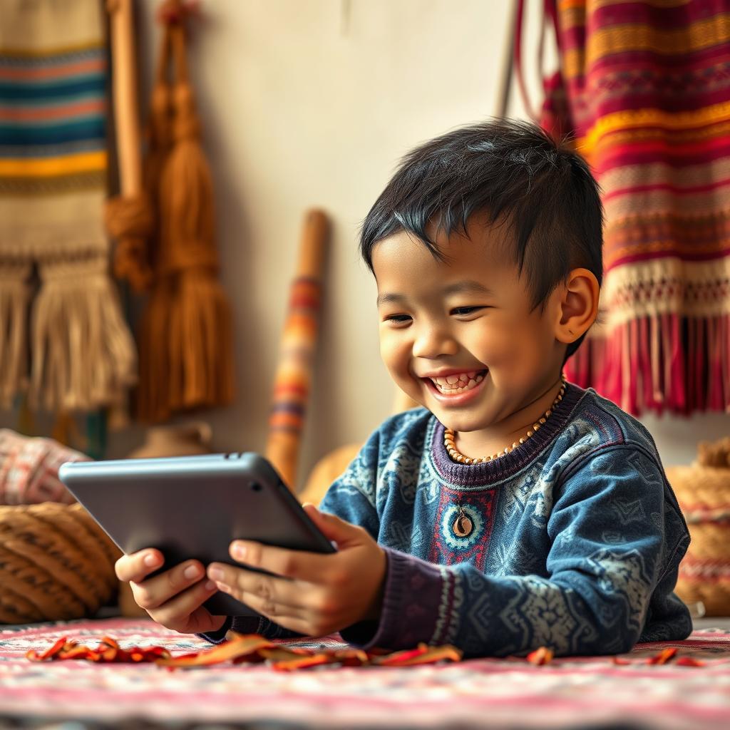 A complete 4k highly detailed shot of an indigenous child joyfully playing with a digital tablet