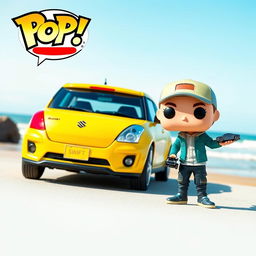 An epic scene featuring Funko Pop figures of a Suzuki Swift and a young car enthusiast