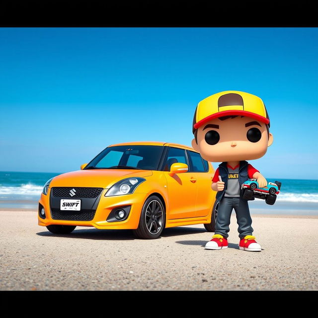 An epic scene featuring Funko Pop figures of a Suzuki Swift and a young car enthusiast