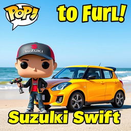 An epic scene featuring Funko Pop figures of a Suzuki Swift and a young car enthusiast
