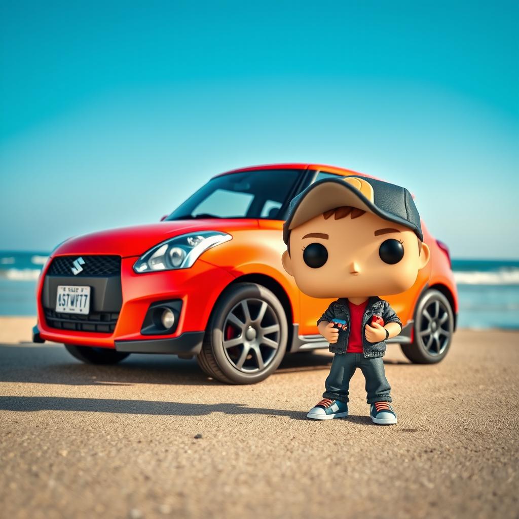 An epic scene featuring Funko Pop figures of a Suzuki Swift and a young car enthusiast