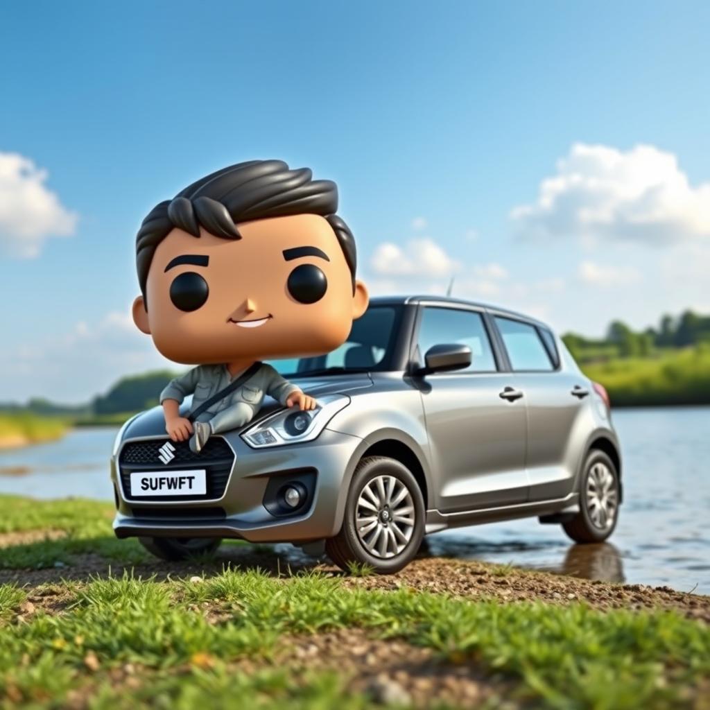 An epic scene featuring a Funko Pop version of a Suzuki Swift Dzire in a sleek grey color, positioned on a pristine riverside