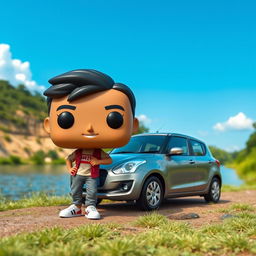 An epic scene featuring a Funko Pop version of a Suzuki Swift Dzire in a sleek grey color, positioned on a pristine riverside