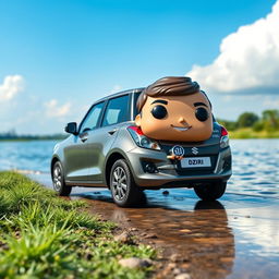 An epic scene featuring a Funko Pop version of a Suzuki Swift Dzire in a sleek grey color, positioned on a pristine riverside