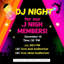 A vibrant and energetic poster for a DJ event at a gym, featuring bold text that reads: "DJ Night for our Members!" at the top