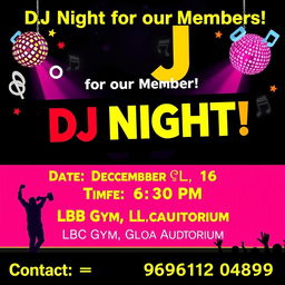 A vibrant and energetic poster for a DJ event at a gym, featuring bold text that reads: "DJ Night for our Members!" at the top