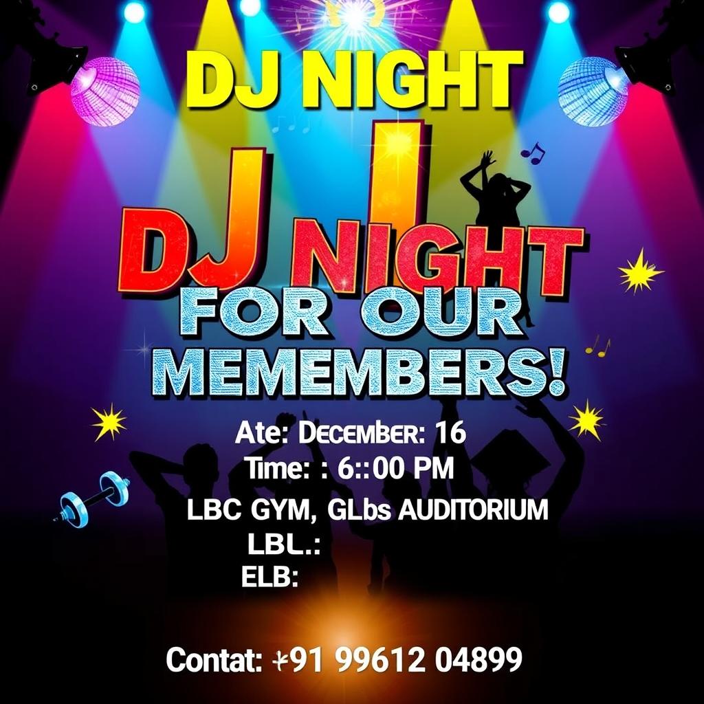 A vibrant and energetic poster for a DJ event at a gym, featuring bold text that reads: "DJ Night for our Members!" at the top