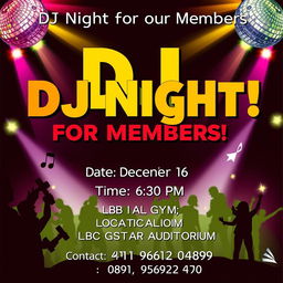 A vibrant and energetic poster for a DJ event at a gym, featuring bold text that reads: "DJ Night for our Members!" at the top