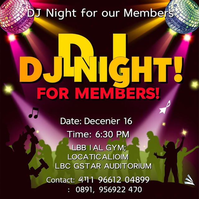 A vibrant and energetic poster for a DJ event at a gym, featuring bold text that reads: "DJ Night for our Members!" at the top