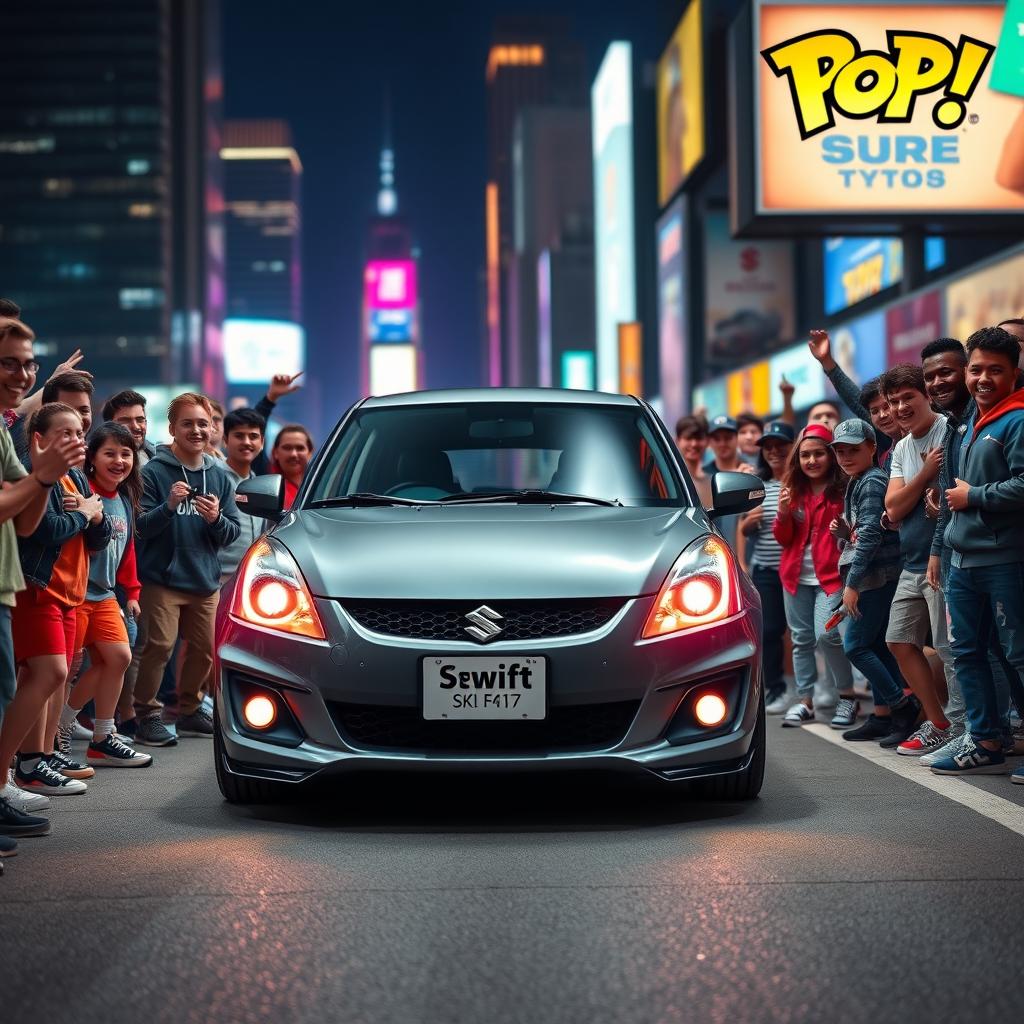 A vibrant and epic Funko Pop scene featuring a grey Suzuki Swift MT sedan surrounded by enthusiastic young fans