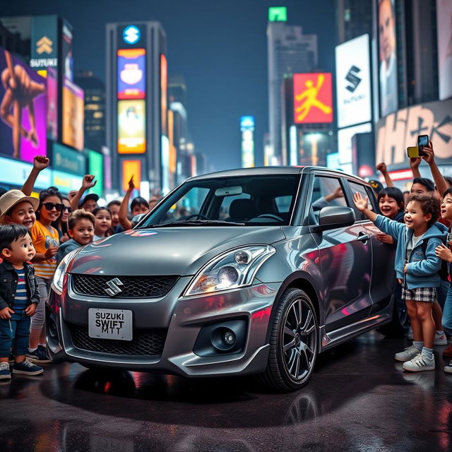 A vibrant and epic Funko Pop scene featuring a grey Suzuki Swift MT sedan surrounded by enthusiastic young fans