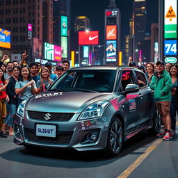 A vibrant and epic Funko Pop scene featuring a grey Suzuki Swift MT sedan surrounded by enthusiastic young fans