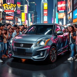 A vibrant and epic Funko Pop scene featuring a grey Suzuki Swift MT sedan surrounded by enthusiastic young fans