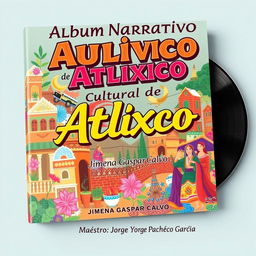 A vibrant, eye-catching album cover design for a cultural narrative album titled 'Álbum Narrativo Cultural de Atlixco'