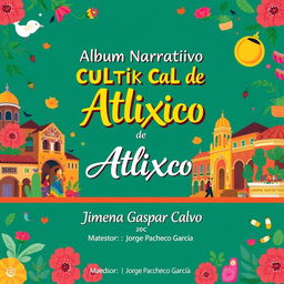A vibrant, eye-catching album cover design for a cultural narrative album titled 'Álbum Narrativo Cultural de Atlixco'
