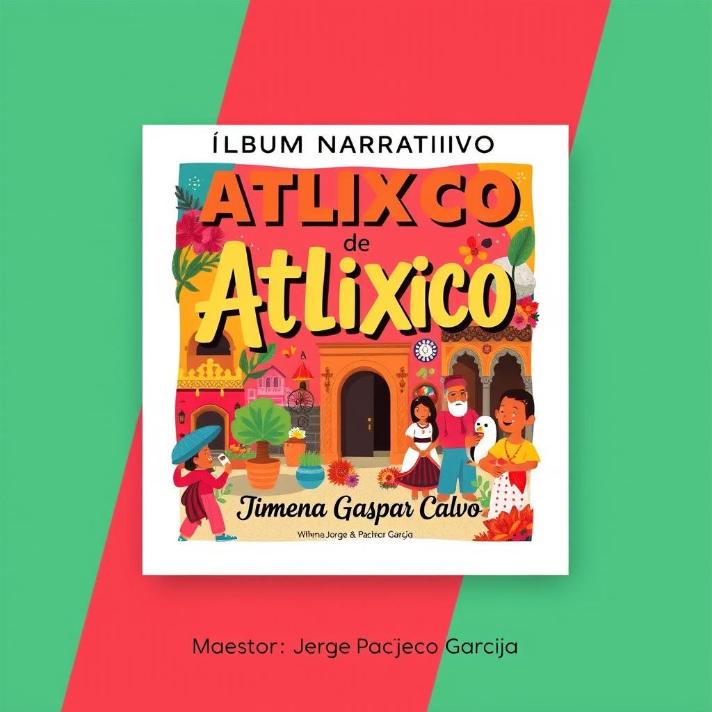 A vibrant, eye-catching album cover design for a cultural narrative album titled 'Álbum Narrativo Cultural de Atlixco'