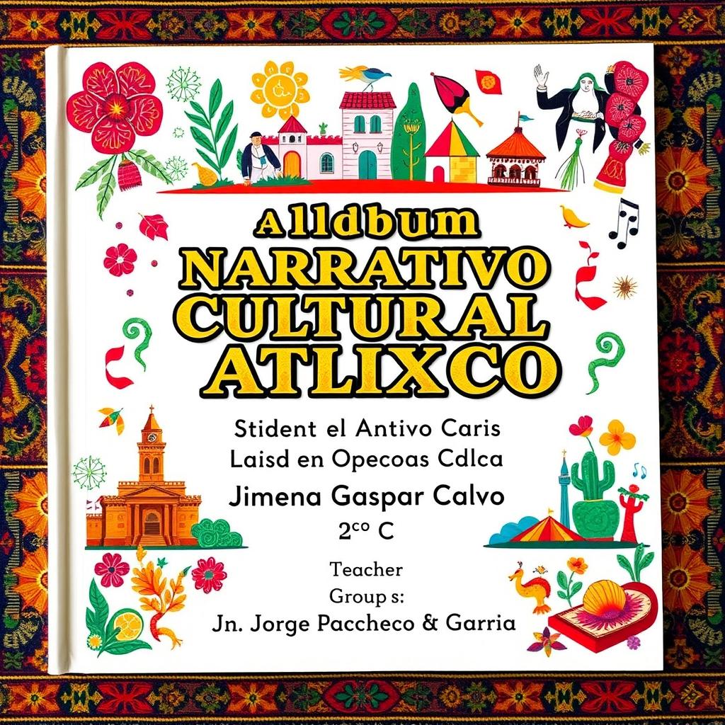 A vibrant and artistic album cover for a cultural narrative titled "Álbum Narrativo Cultural de Atlixco"