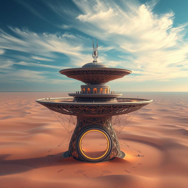 A stunning digital artwork depicting a futuristic structure built by aliens, prominently positioned in the center of a desert-like landscape