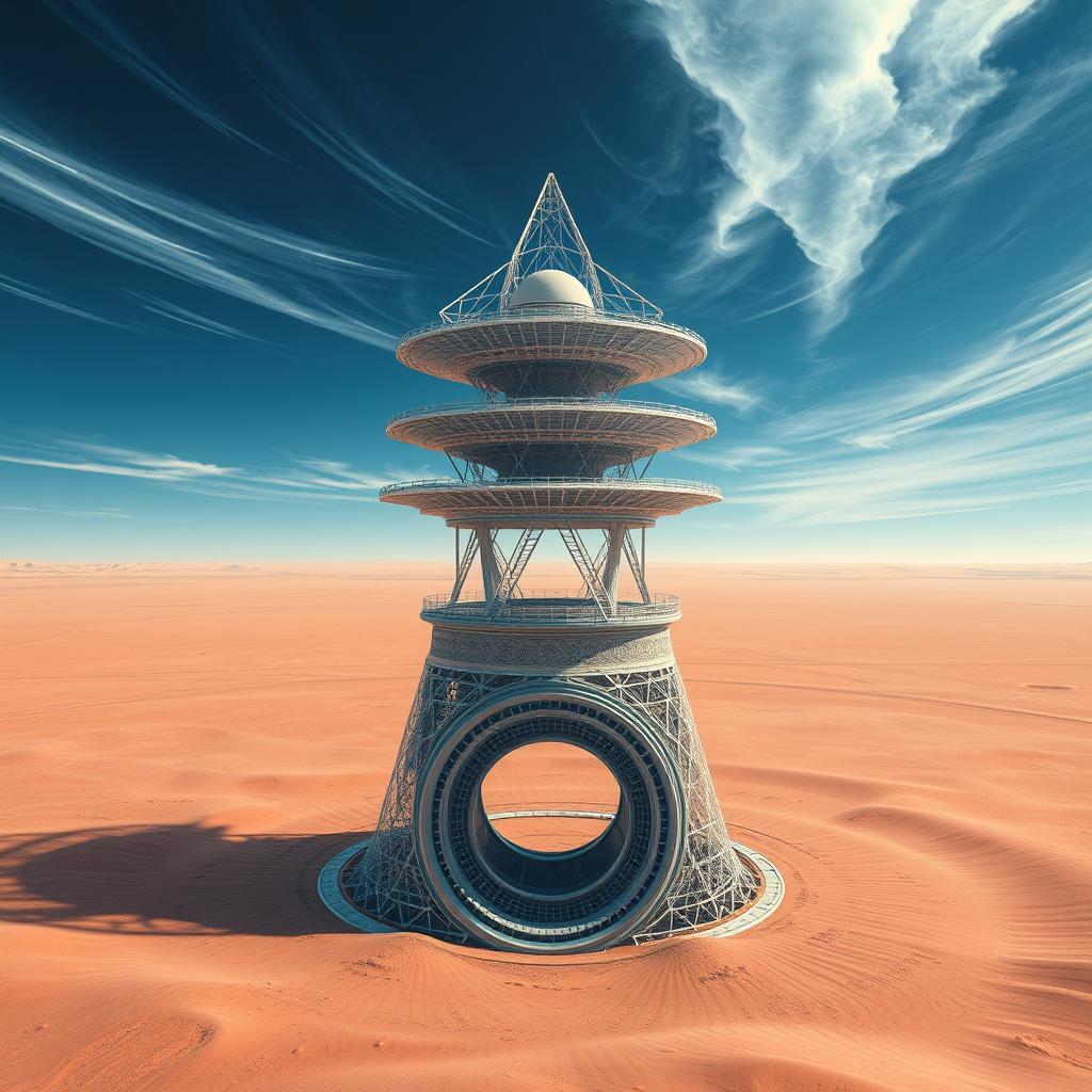 A stunning digital artwork depicting a futuristic structure built by aliens, prominently positioned in the center of a desert-like landscape