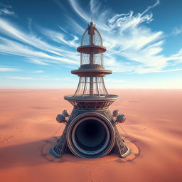 A stunning digital artwork depicting a futuristic structure built by aliens, prominently positioned in the center of a desert-like landscape