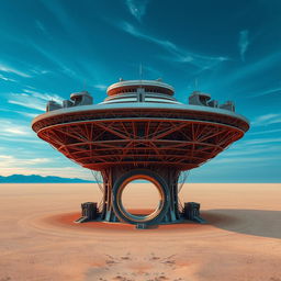 A stunning digital artwork depicting a futuristic structure built by aliens, prominently positioned in the center of a desert-like landscape