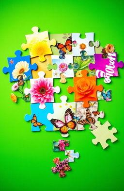A vibrant green background filled with large, colorful puzzle pieces that are nearly completed, symbolizing transformation and growth