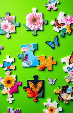 A vibrant green background filled with large, colorful puzzle pieces that are nearly completed, symbolizing transformation and growth