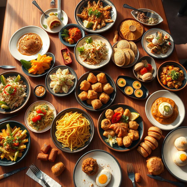 A highly detailed 4k illustration of a wooden table filled with an array of dishes from various parts of the world