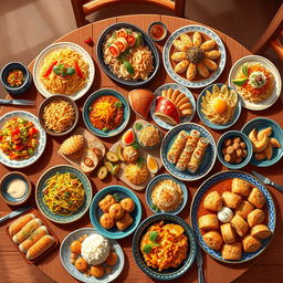 A highly detailed 4k illustration of a wooden table filled with an array of dishes from various parts of the world