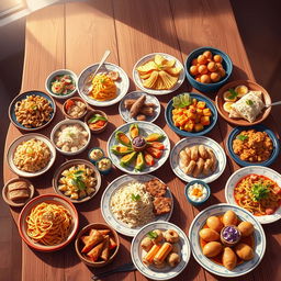 A highly detailed 4k illustration of a wooden table filled with an array of dishes from various parts of the world