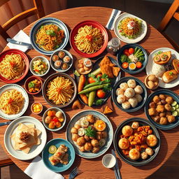 A highly detailed 4k illustration of a wooden table filled with an array of dishes from various parts of the world