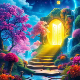 A mesmerizing scene featuring a glowing portal opening to a vibrant, magical world